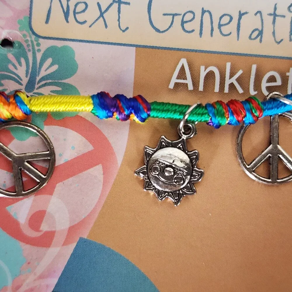 Novelty Inc Next Generation Silver Tone Peace Sun Symbols on Yarn Ankle Bracelet - Picture 10 of 16